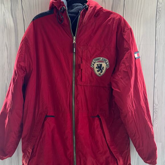 Vintage Tommy Hilfiger Mens Jacket Reversible Fleece Size Med Y2K Spell out Hood - Picture 1 of 11